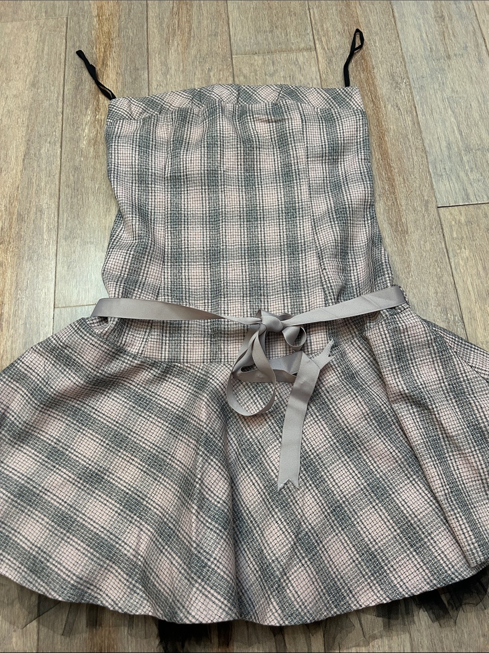VTG Y2K Miss Me Pink and Gray Plaid Strapless Mini Dress with Bow tulle skirt S - Picture 6 of 6